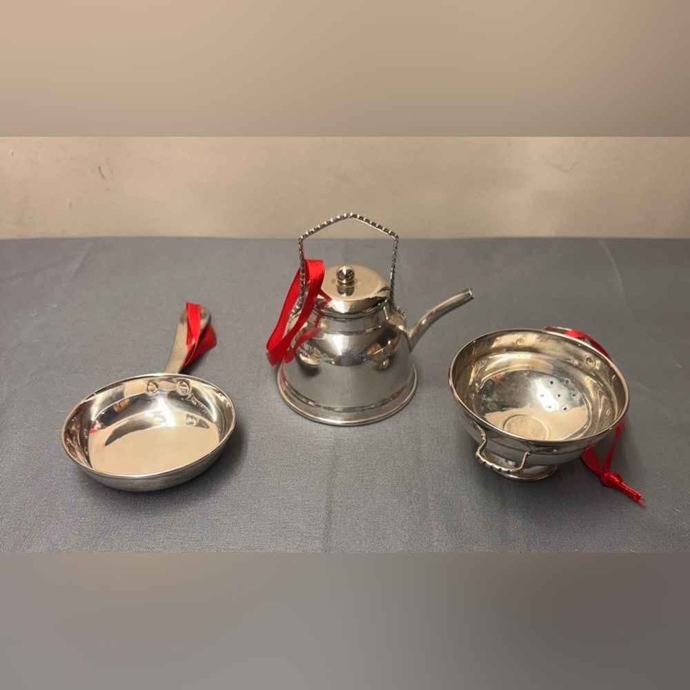 Christmas Vintage 3 Piece Silver Plated Tea Pot, Sauce Pan & Colander Ornaments